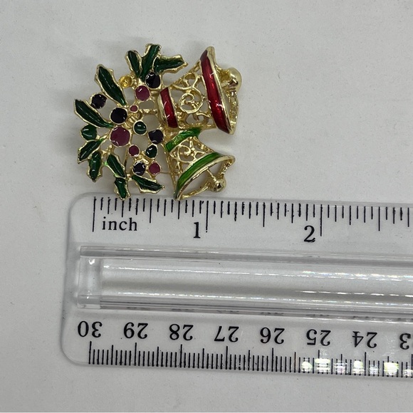 Christopher Radko Brooch Pin Christmas Enamel Bells Holly Gold Tone Holiday - Picture 2 of 4